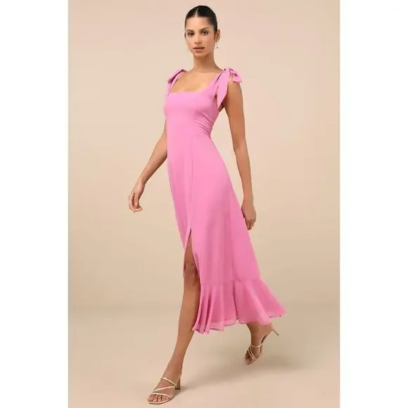 NWT Lulus Summer Invite Pink Tie-Strap Tiered Midi Dress Bridesmaid Gala Size XS - Picture 8 of 9